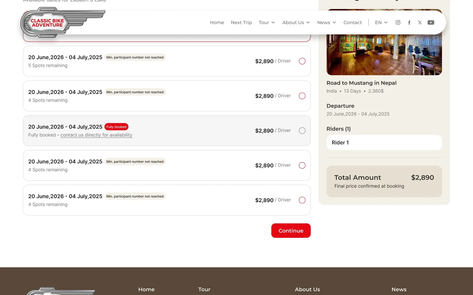 ภาพตัวอย่างระบบ booking engine แบบ custom ของ Classic Bike Adventure