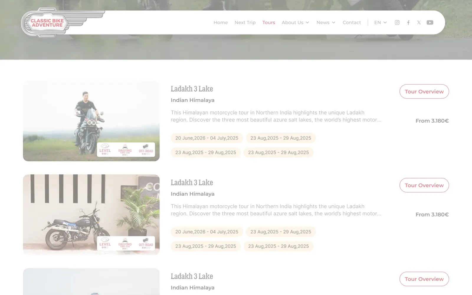 ภาพตัวอย่างระบบคำนวณราคาตามเงื่อนไขของ Classic Bike Adventure