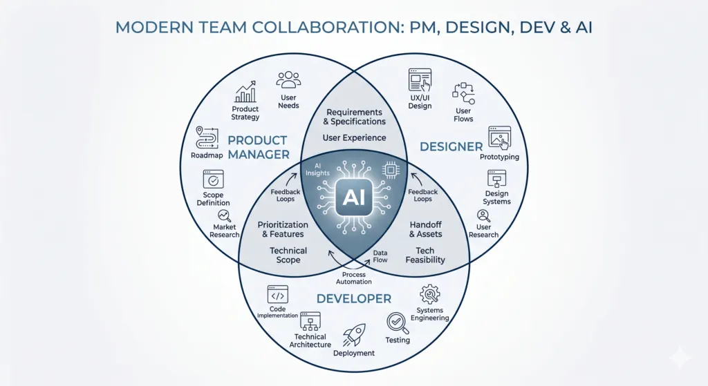 AI-driven collaboration: product manager, designer, developer roles.
