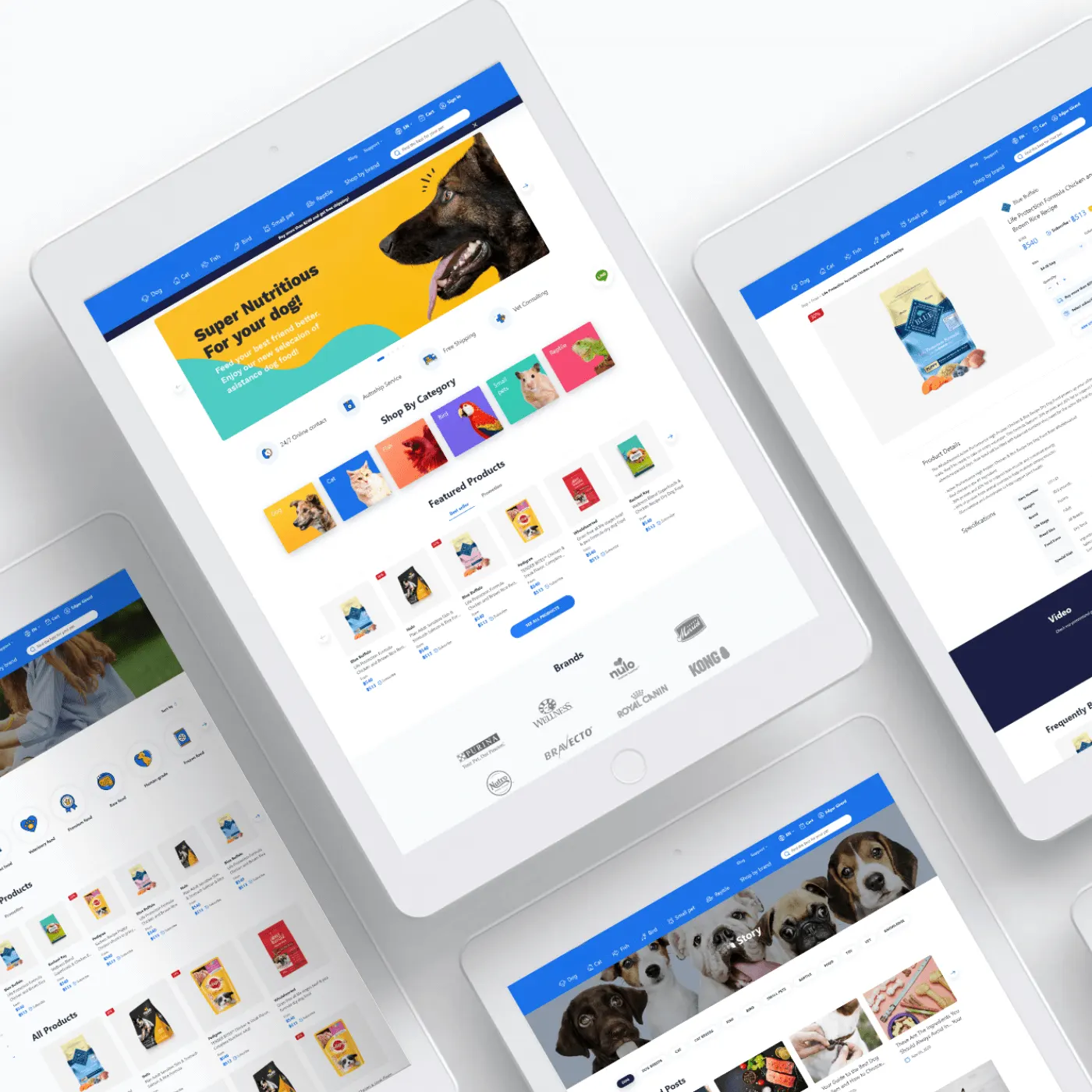 Responsive pet supply website interface on tablet.