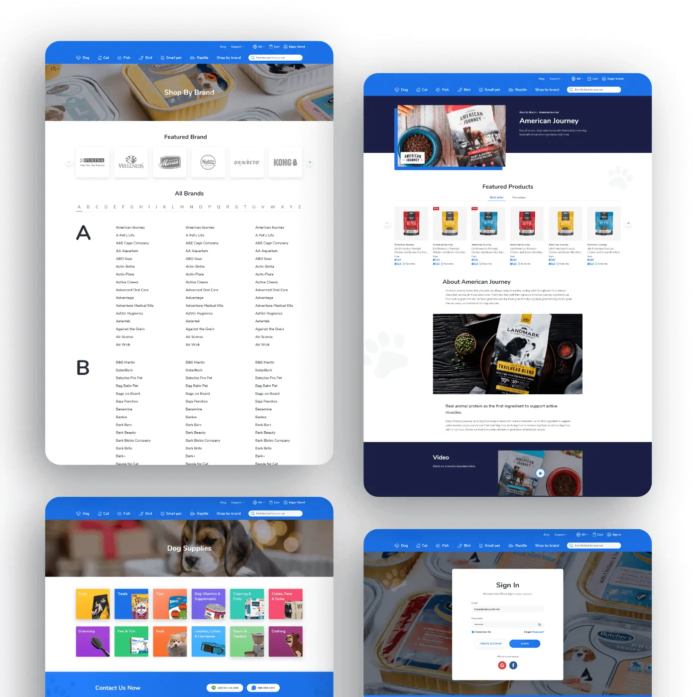 Four diverse web page interface designs displayed.