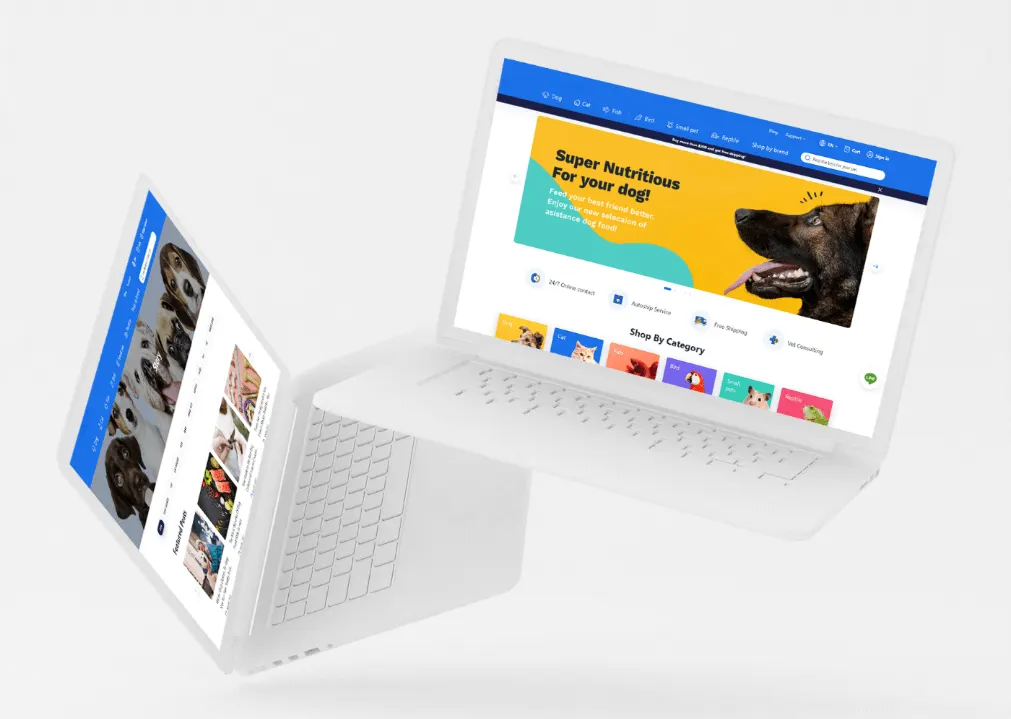 Two laptops displaying a pet food website.