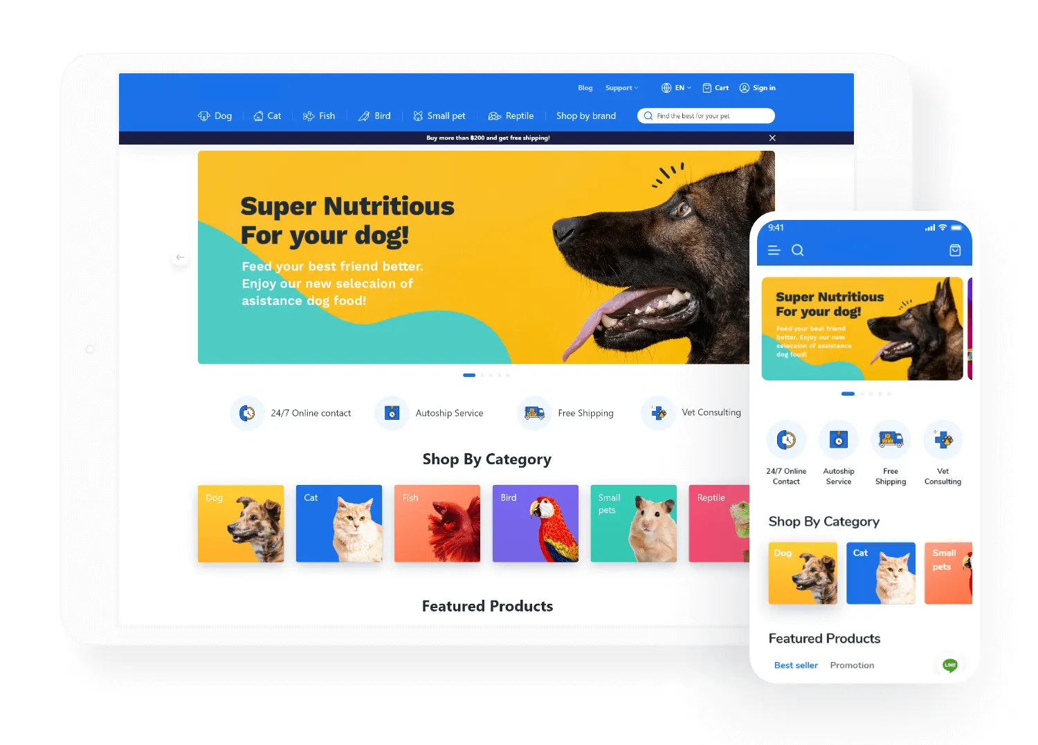Dog food advertisement on pet supplies website.