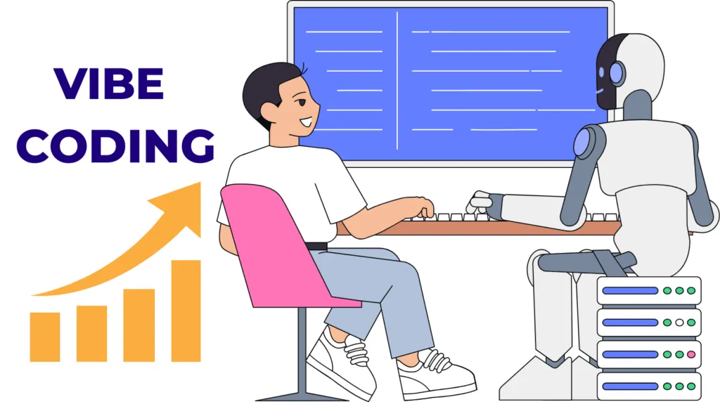 Person and robot coding together with growth chart.