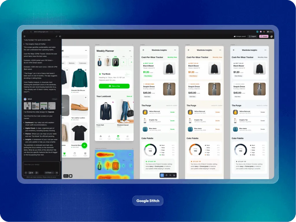 Screen displaying wardrobe planning and cost tracking app interface.