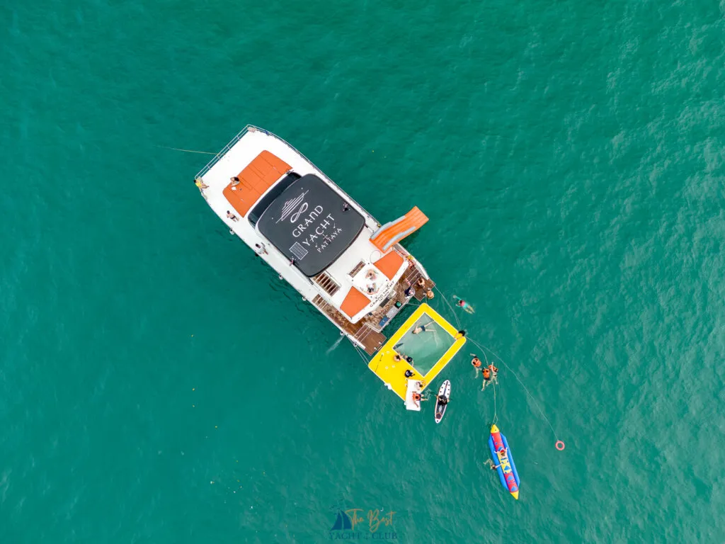 Aerial view of boat with water sports activities.