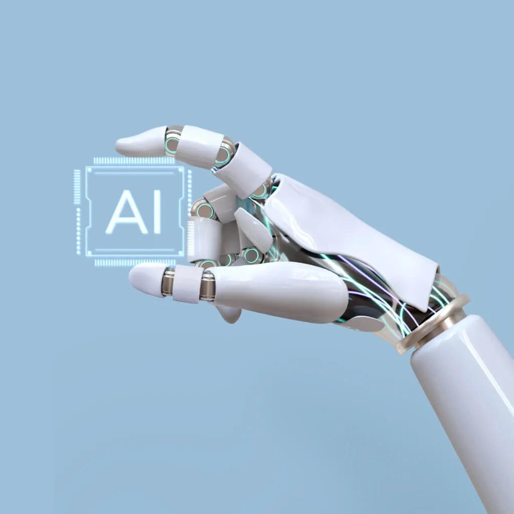 Robot hand presenting “AI” concept hologram.