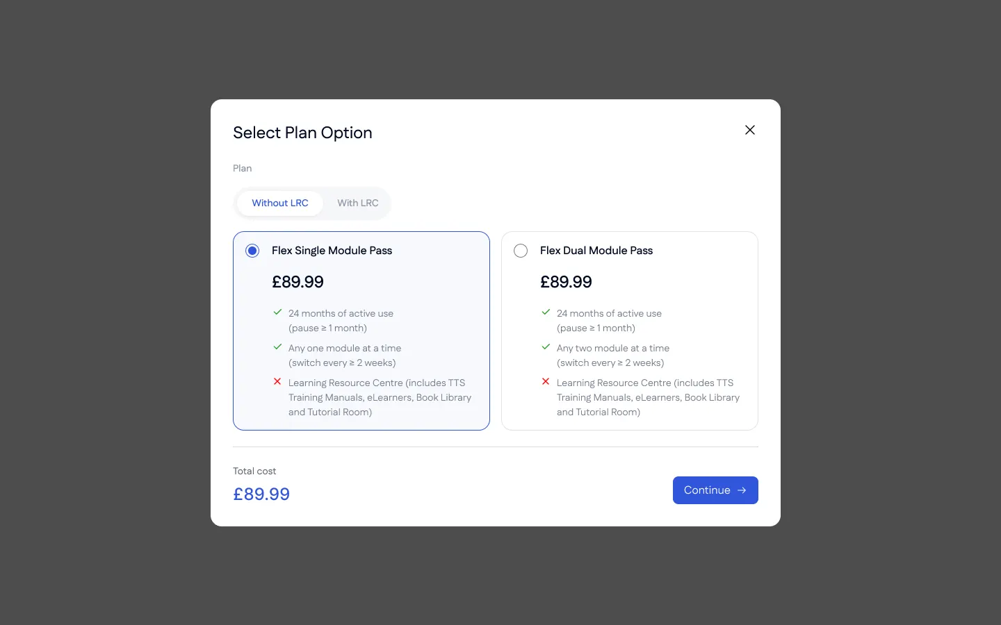 Club 66 plan selection with Flex single and dual module passes