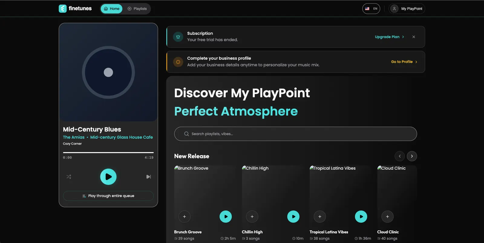 Finetunes home dashboard with real-time player, search and new release playlists