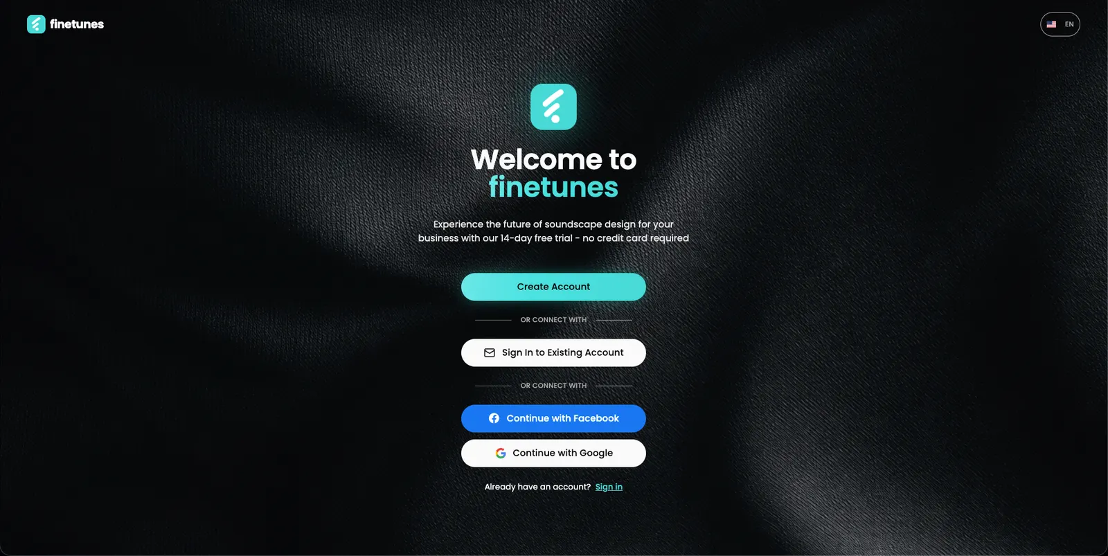 Finetunes welcome screen with account creation and Google, Facebook SSO