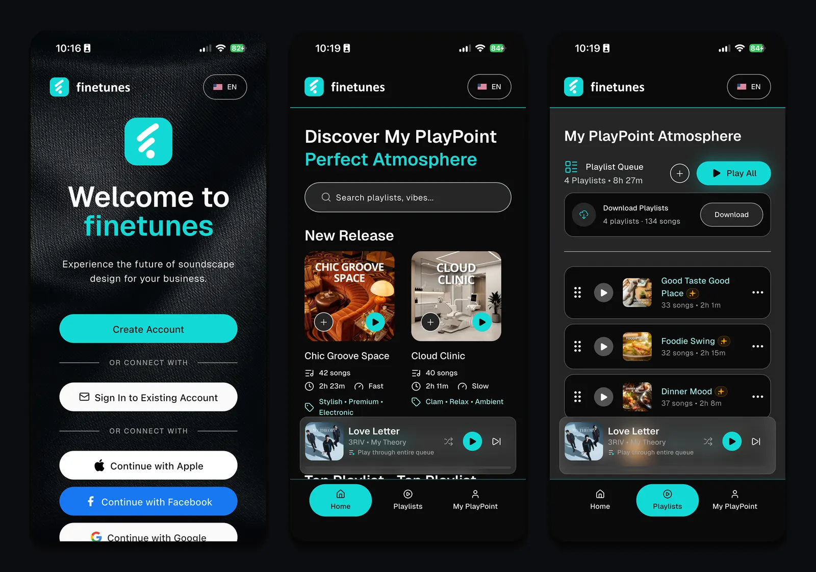 Finetunes iOS and Android app screens — welcome, home and downloadable playlist queue