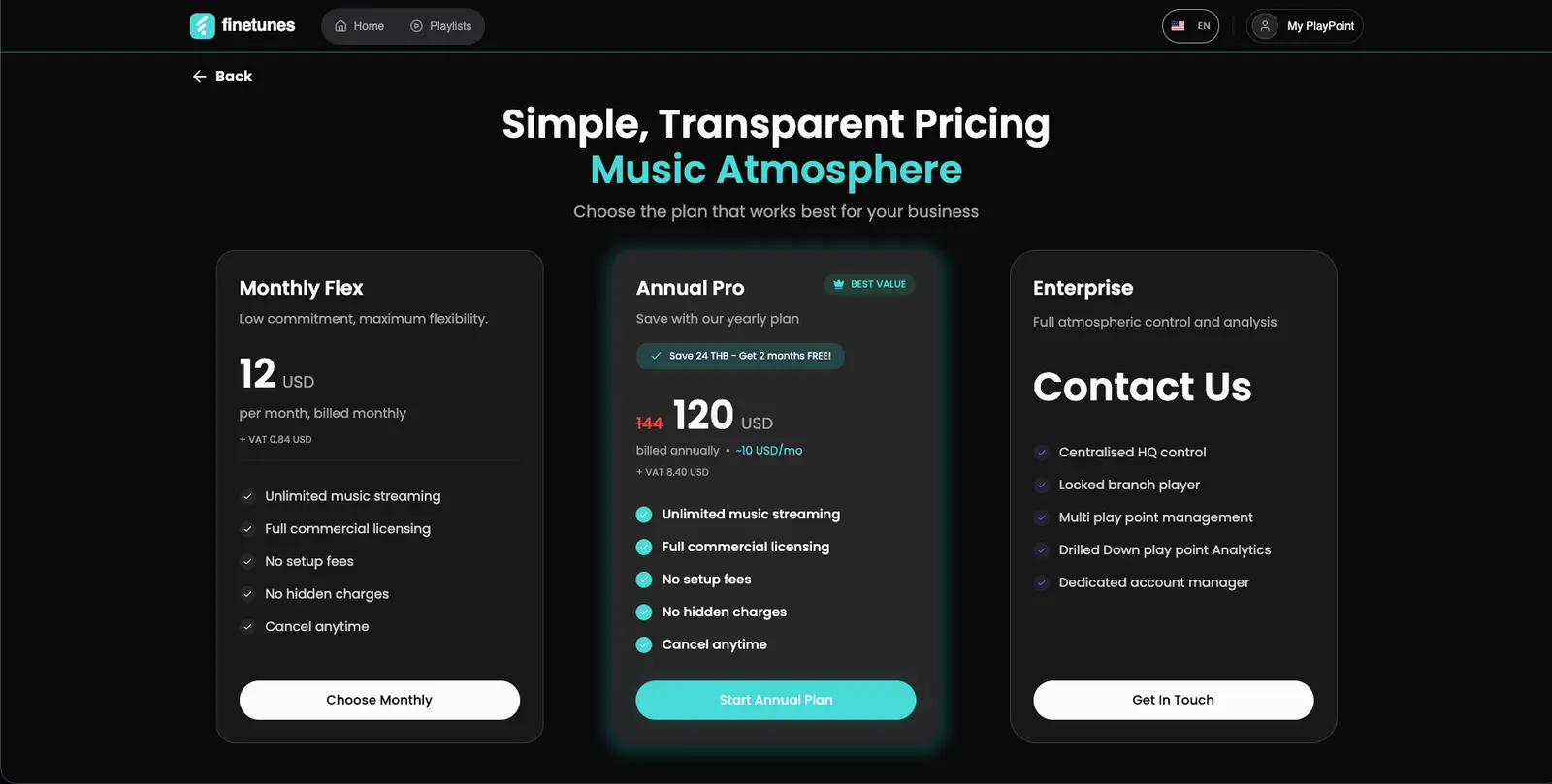 Finetunes pricing page with Monthly Flex, Annual Pro and Enterprise plans