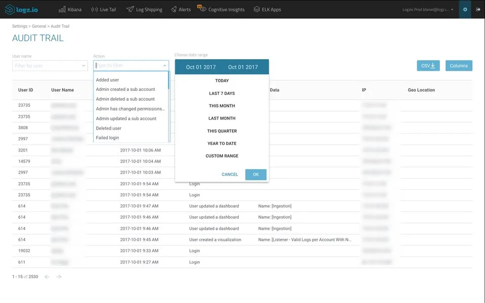 Log audit trail interface with date range filter.
