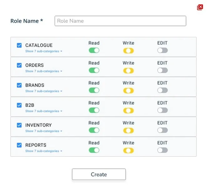 User role permissions settings interface with categories