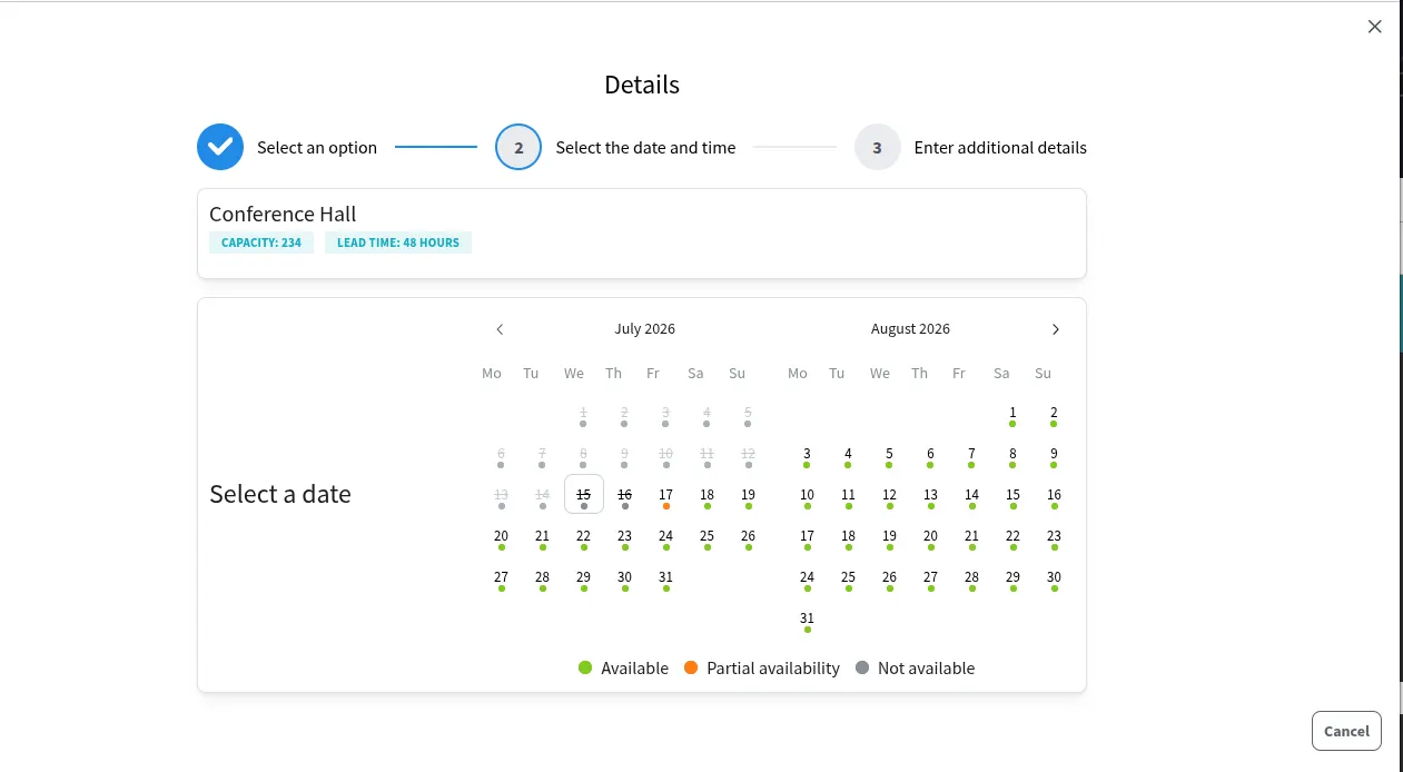 Selecting a booking date with real-time availability