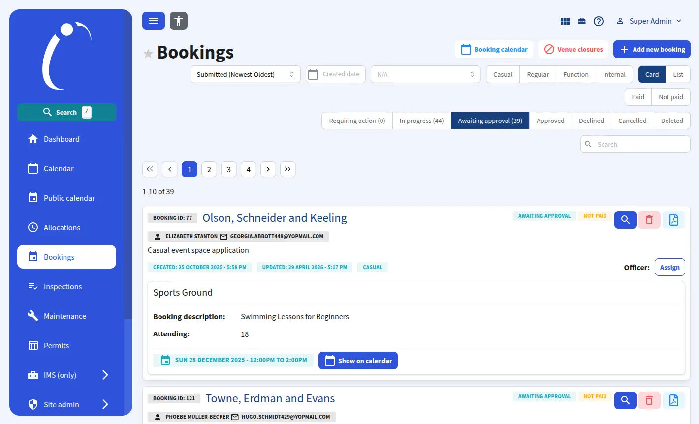 Booking administration list in IMSComply