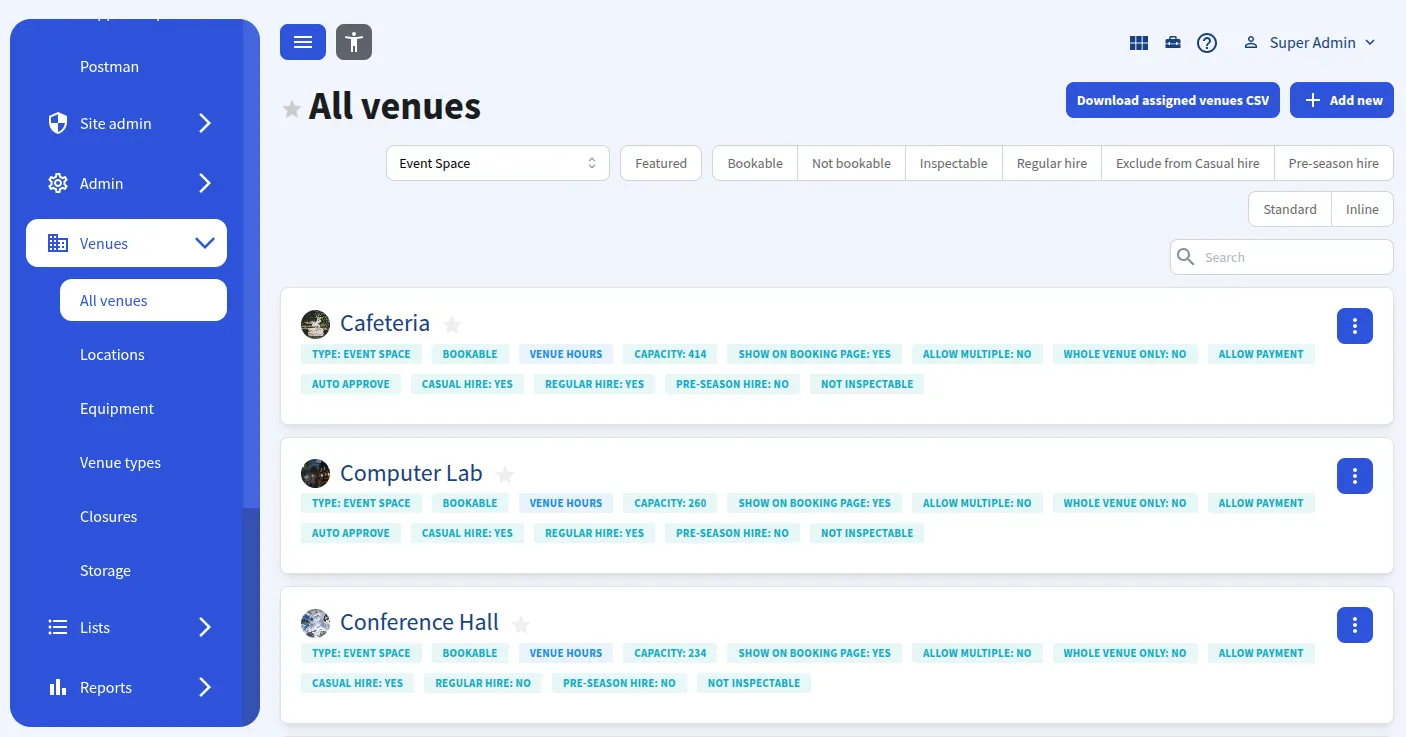 Venue configuration and administration in IMSComply