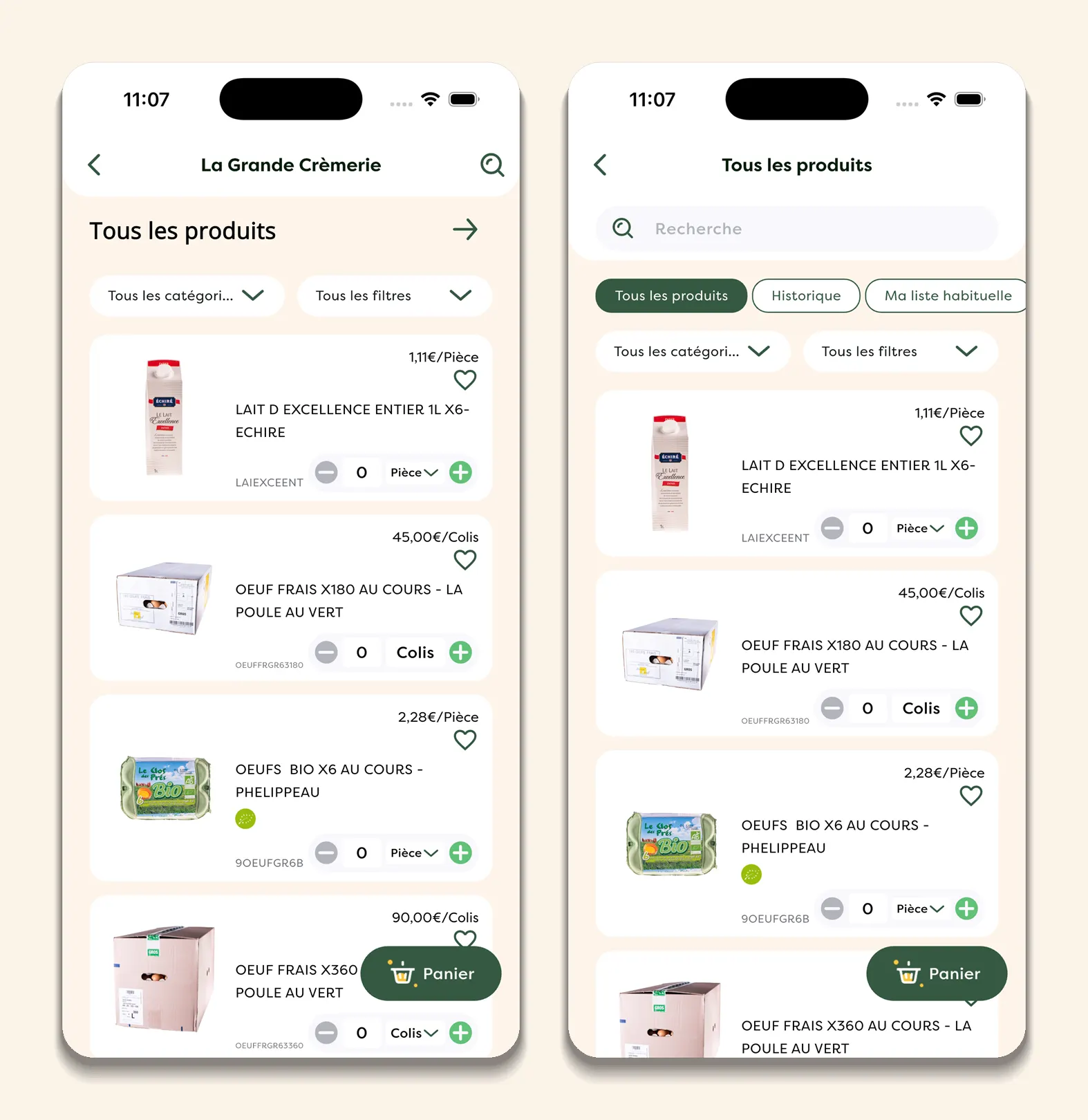 Kitchn supplier product list and all-products search screens