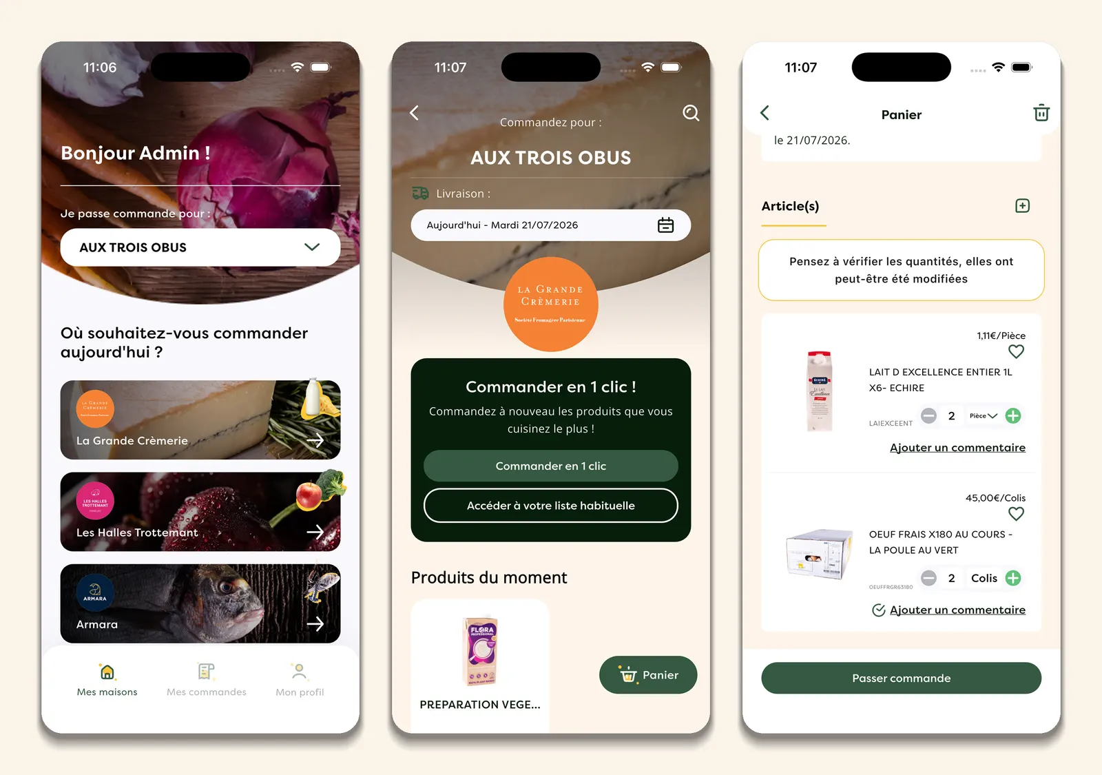 Kitchn supplier home, one-click reorder and cart screens