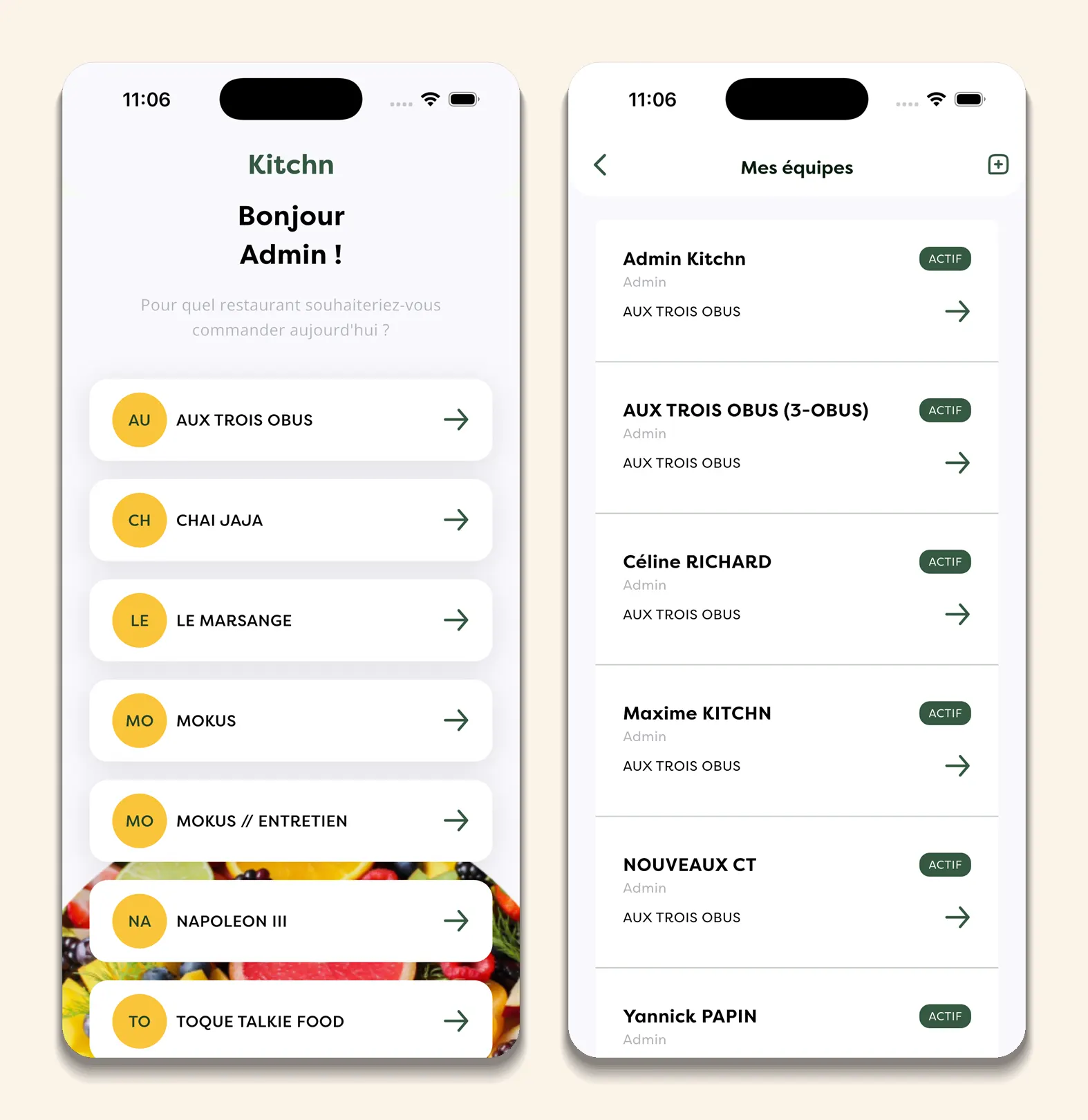 Kitchn restaurant workspace picker and team roles screens