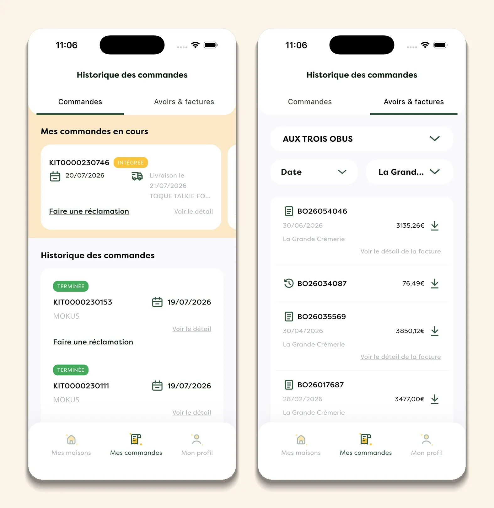 Kitchn order history and downloadable invoices screens