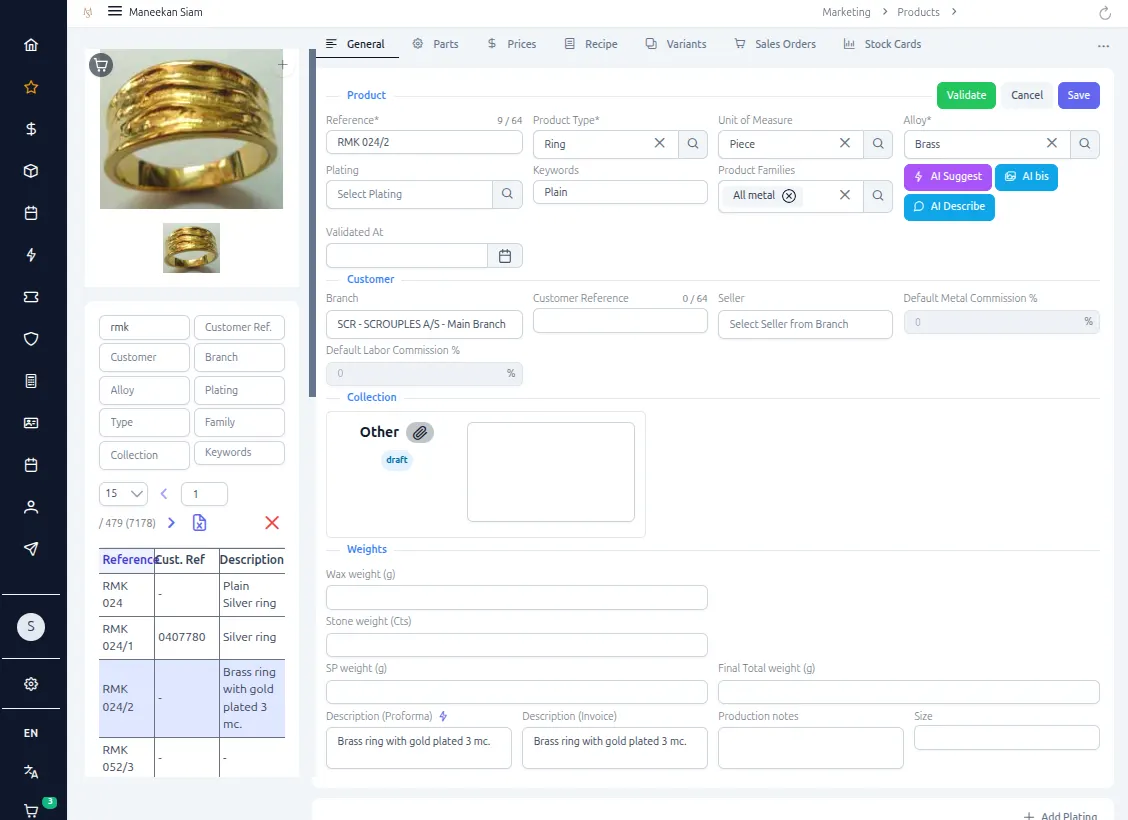 Product detail page with jewelry recipe and components