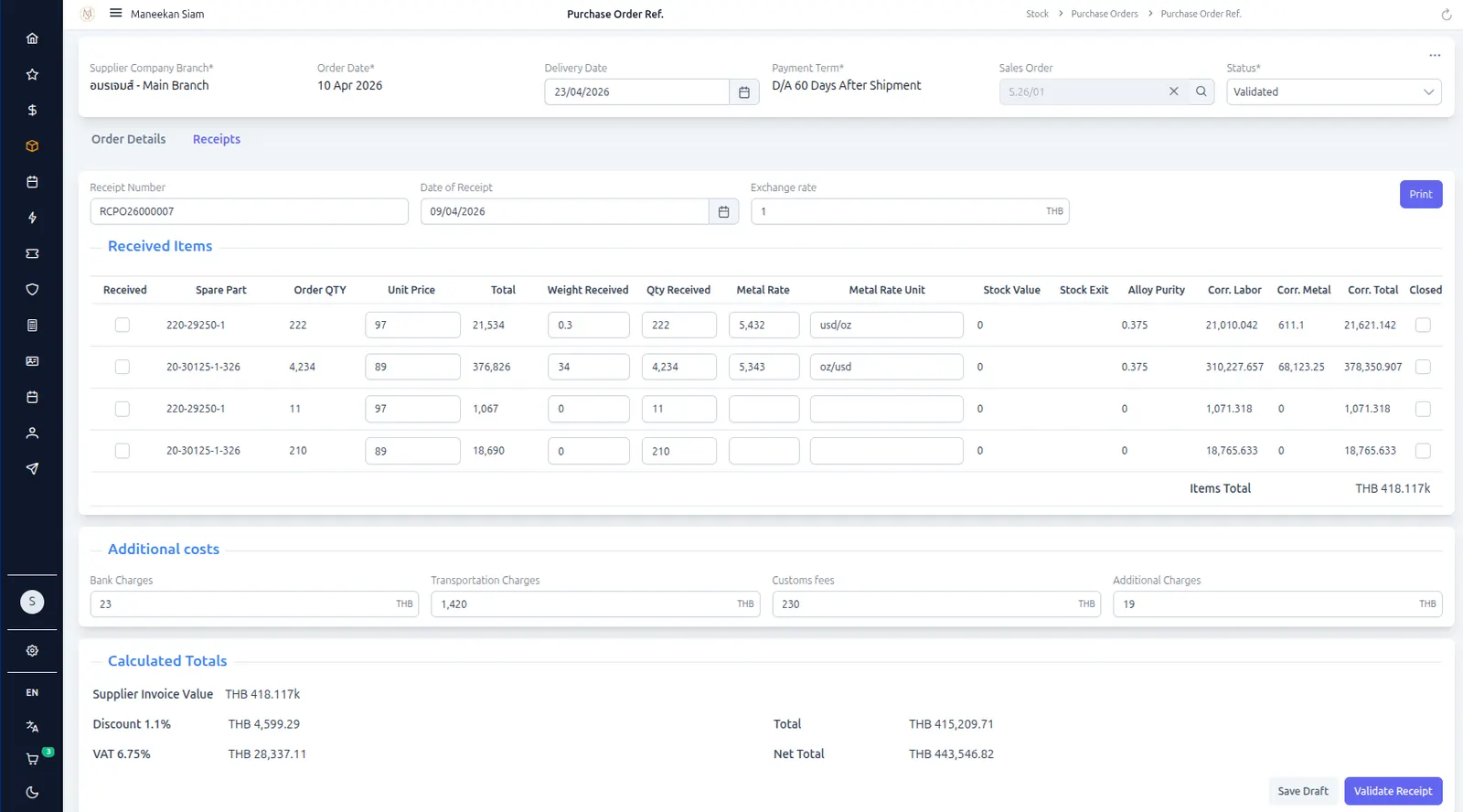 Purchase receipt with cost spreading across received items