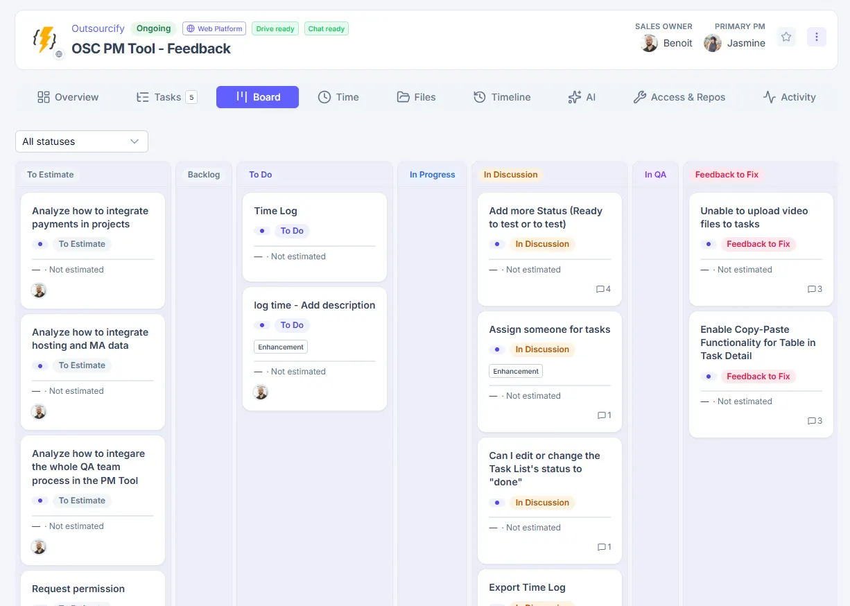 OSC PM Tool Kanban board showing development and feedback stages