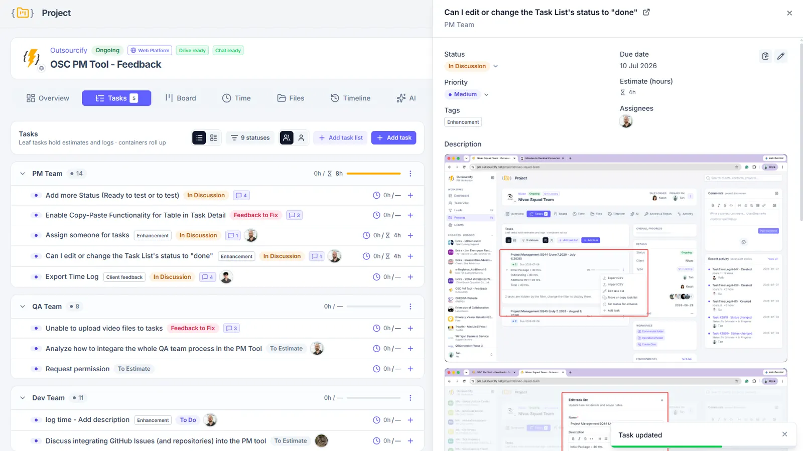 OSC PM Tool task hierarchy and detailed task side panel