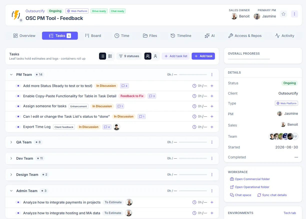 OSC PM Tool hierarchical task lists grouped by project team