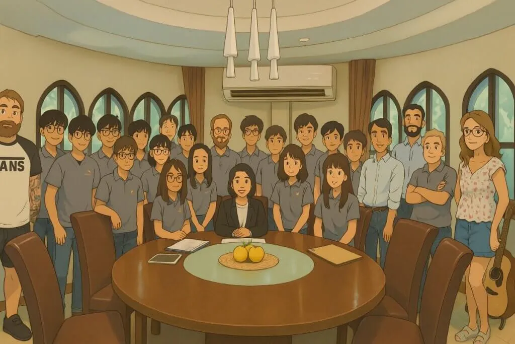 Animated office team around table.