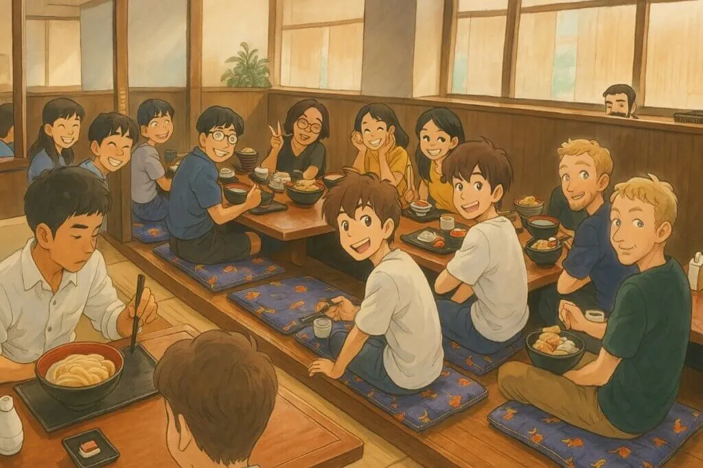 Anime friends enjoying meal at Japanese restaurant.