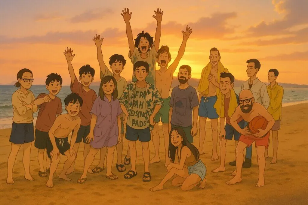 Animated group celebrating on beach at sunset.