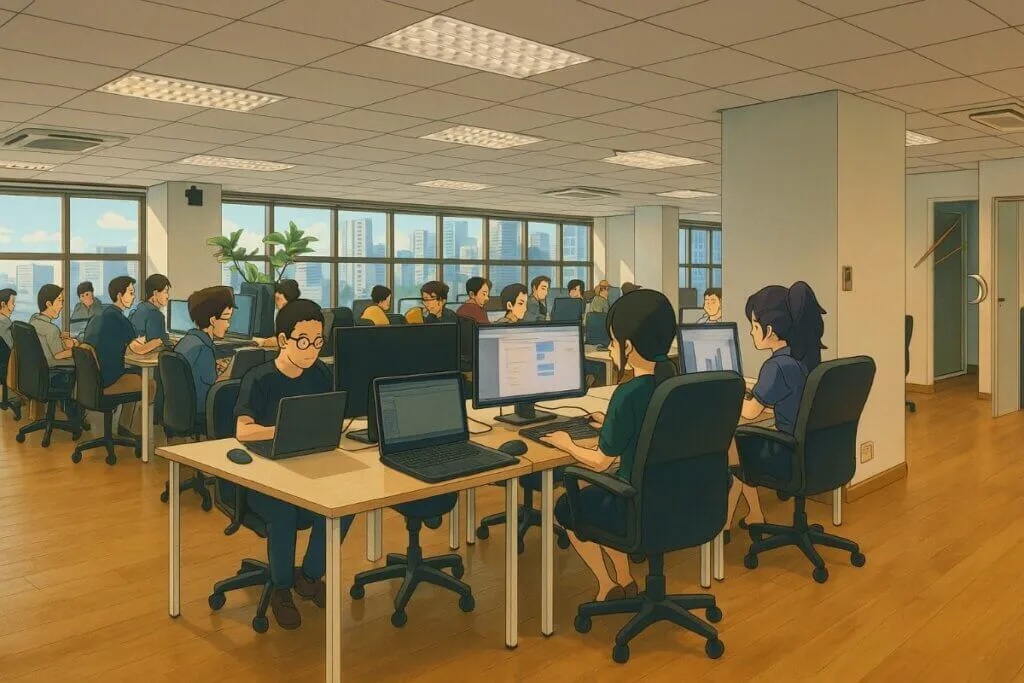 Animated office workers at computers in open-plan space.