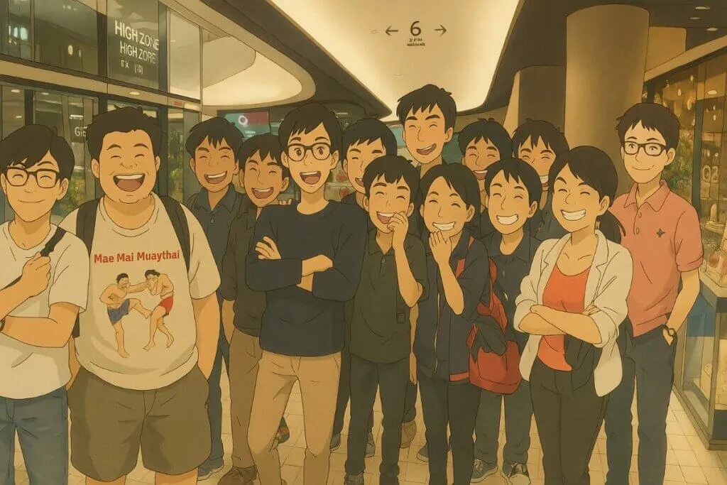 Group of animated characters smiling indoors.