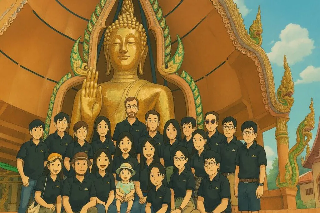 Illustrated group photo in front of golden Buddha statue.
