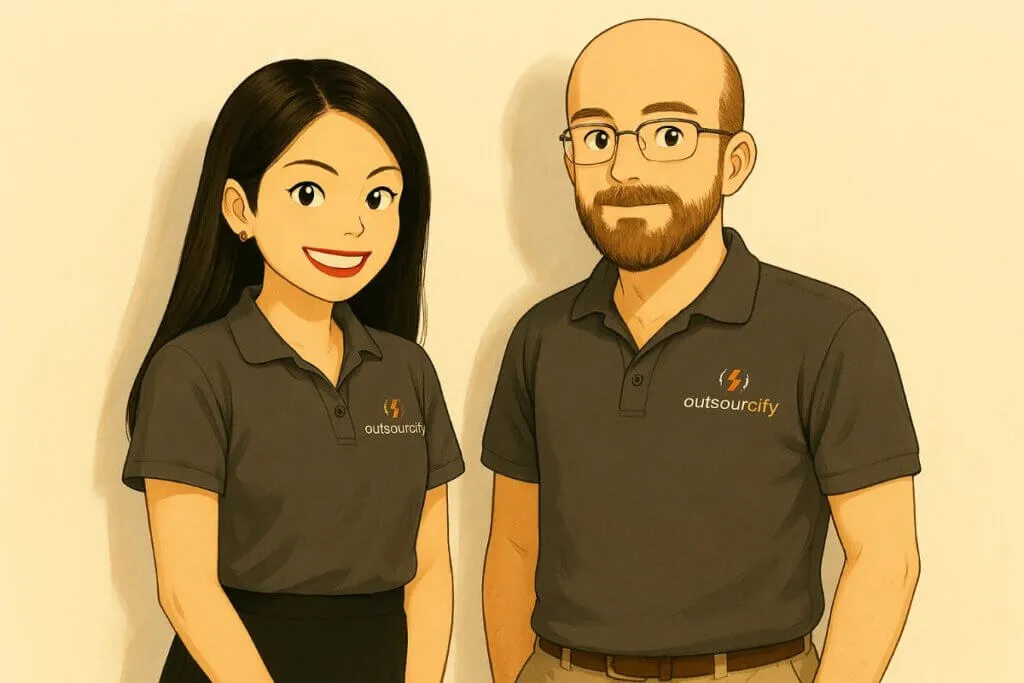 Cartoon employees in Outsourcify polo shirts smiling