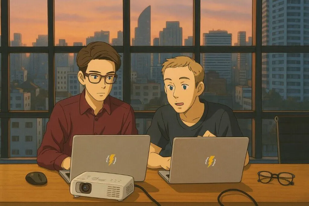 Animated characters working on laptops in office.