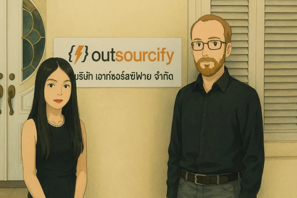Two people standing near Outsourcify sign