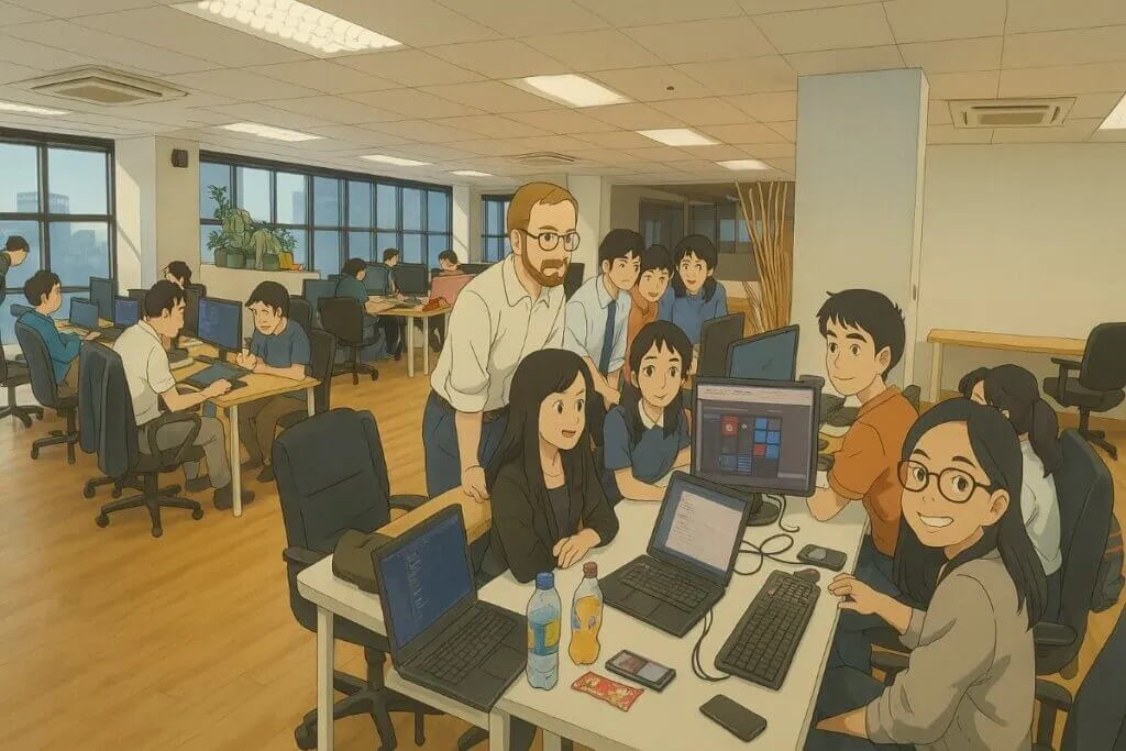 Anime office team working at computers