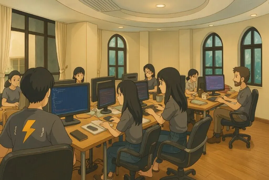 Team of programmers working in office together.