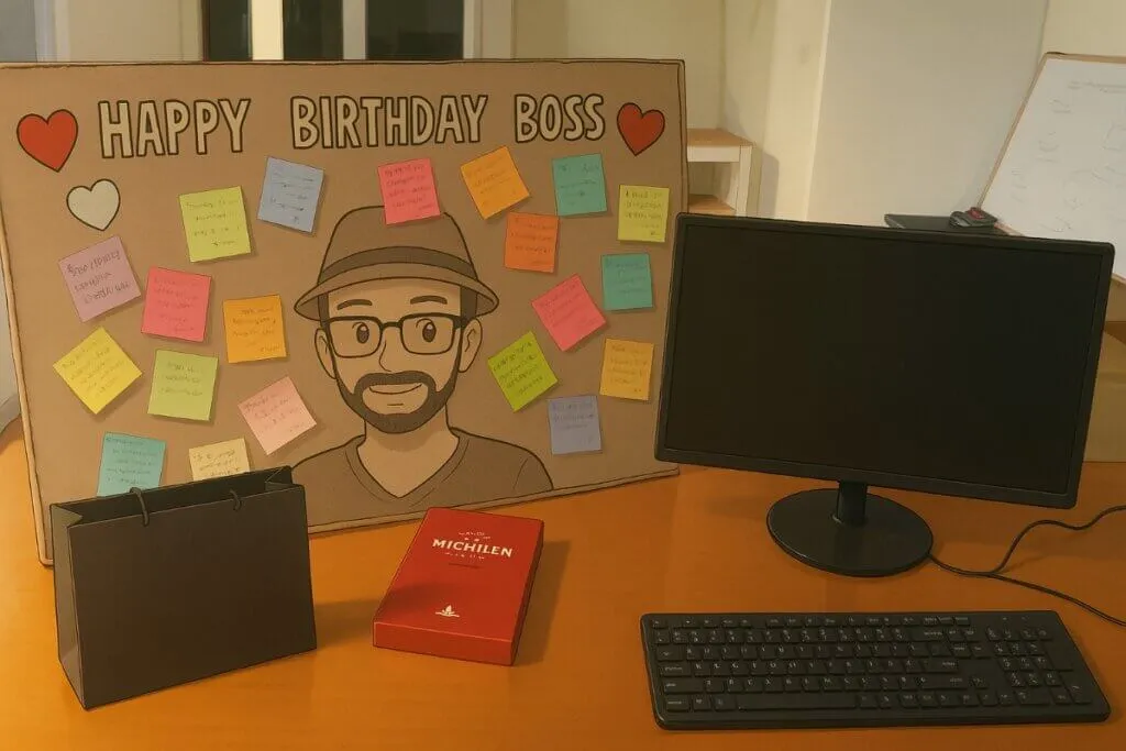 Birthday card, computer monitor, keyboard on desk