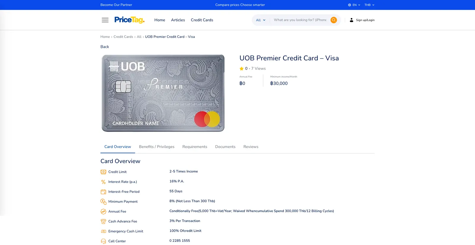 PriceTag credit card detail page with card overview facts