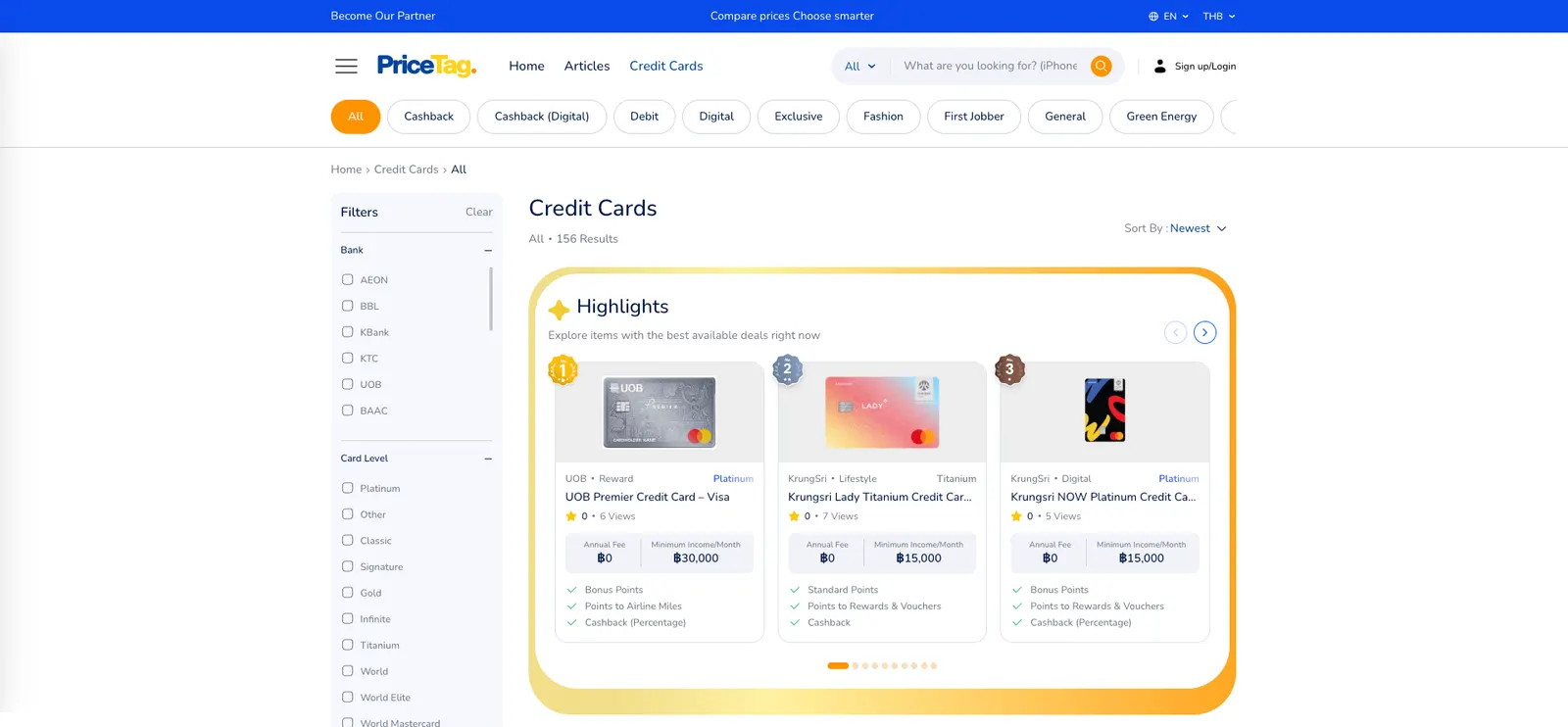 PriceTag credit card hub with bank filters and popularity rankings