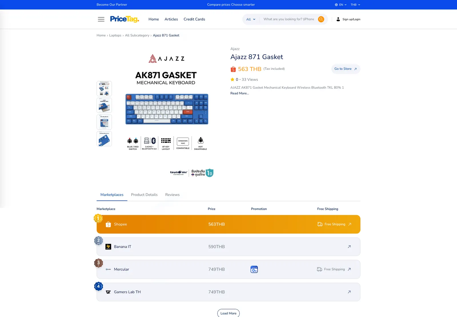 PriceTag product page comparing marketplace prices for a keyboard