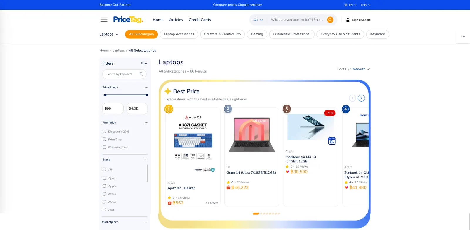 PriceTag laptop category with filters and Best Price carousel