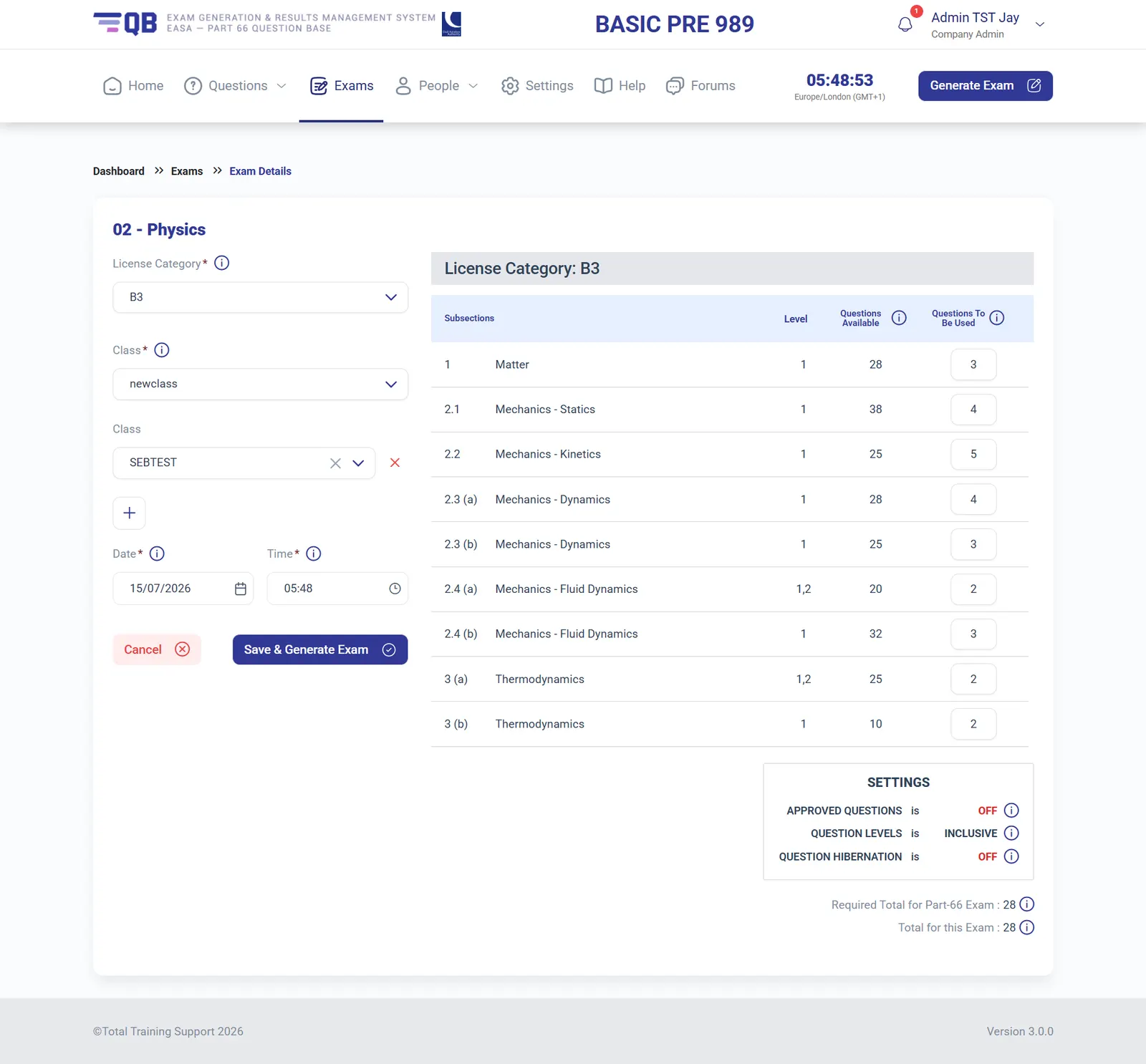 QB Generator exam creation screen distributing questions per subsection
