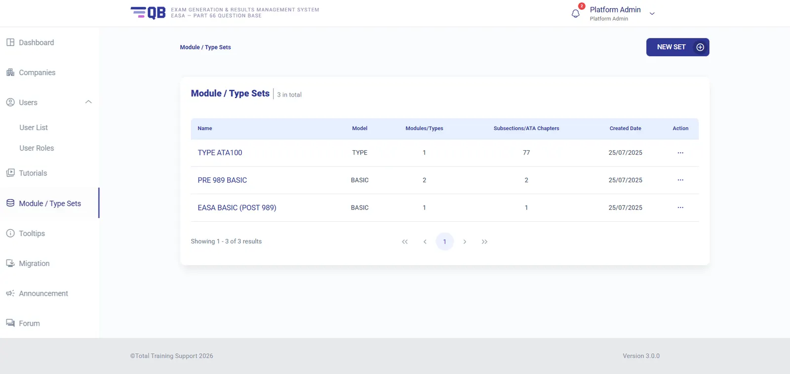 QB Generator platform admin console managing master module and type sets
