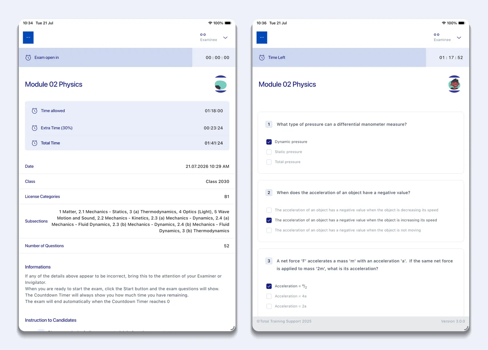 QB Generator tablet app — exam cover sheet and in-progress question screen