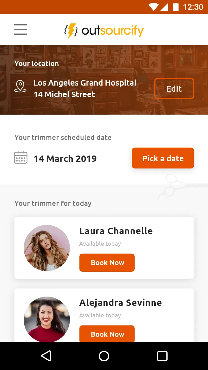 Trimco prototype showing location, date and available hair professionals